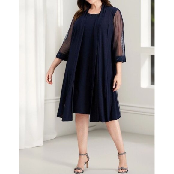 R M Richards Womens Sleeveless Plus Size Embellished Two Piece Dress Navy NWT - Picture 2 of 3